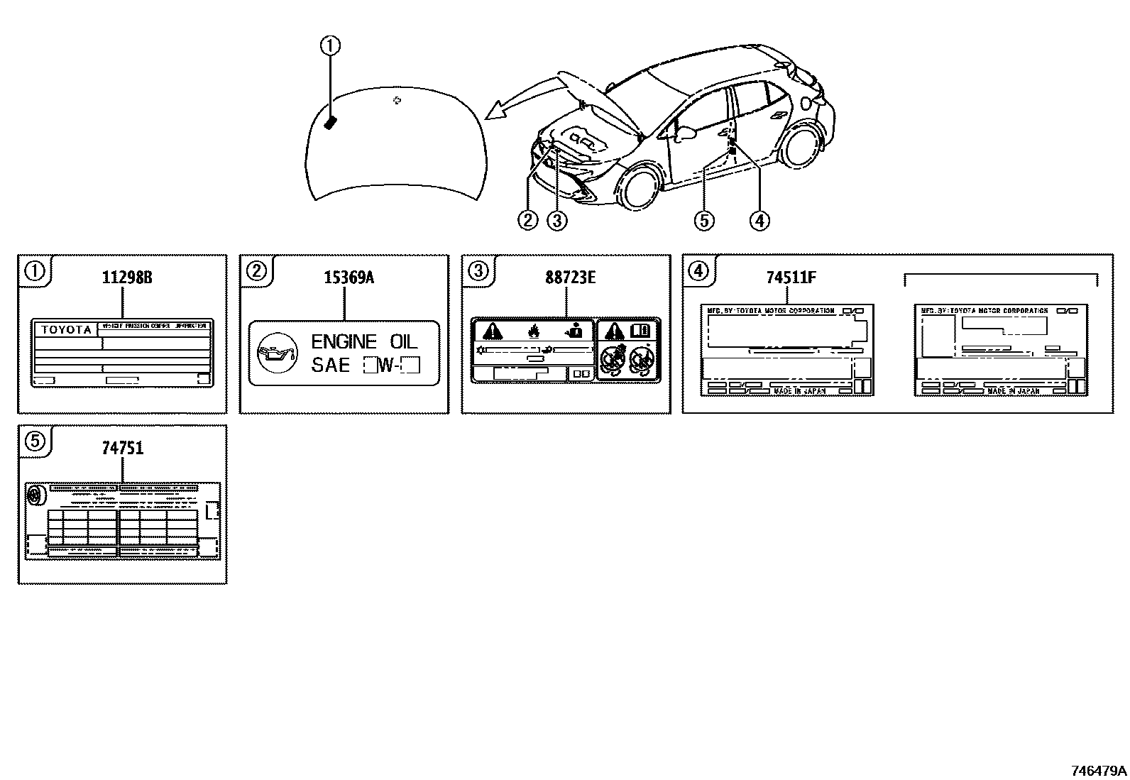 Toyota COROLLA 警示铭牌(车外和车内) EPC diagram — 746479A
