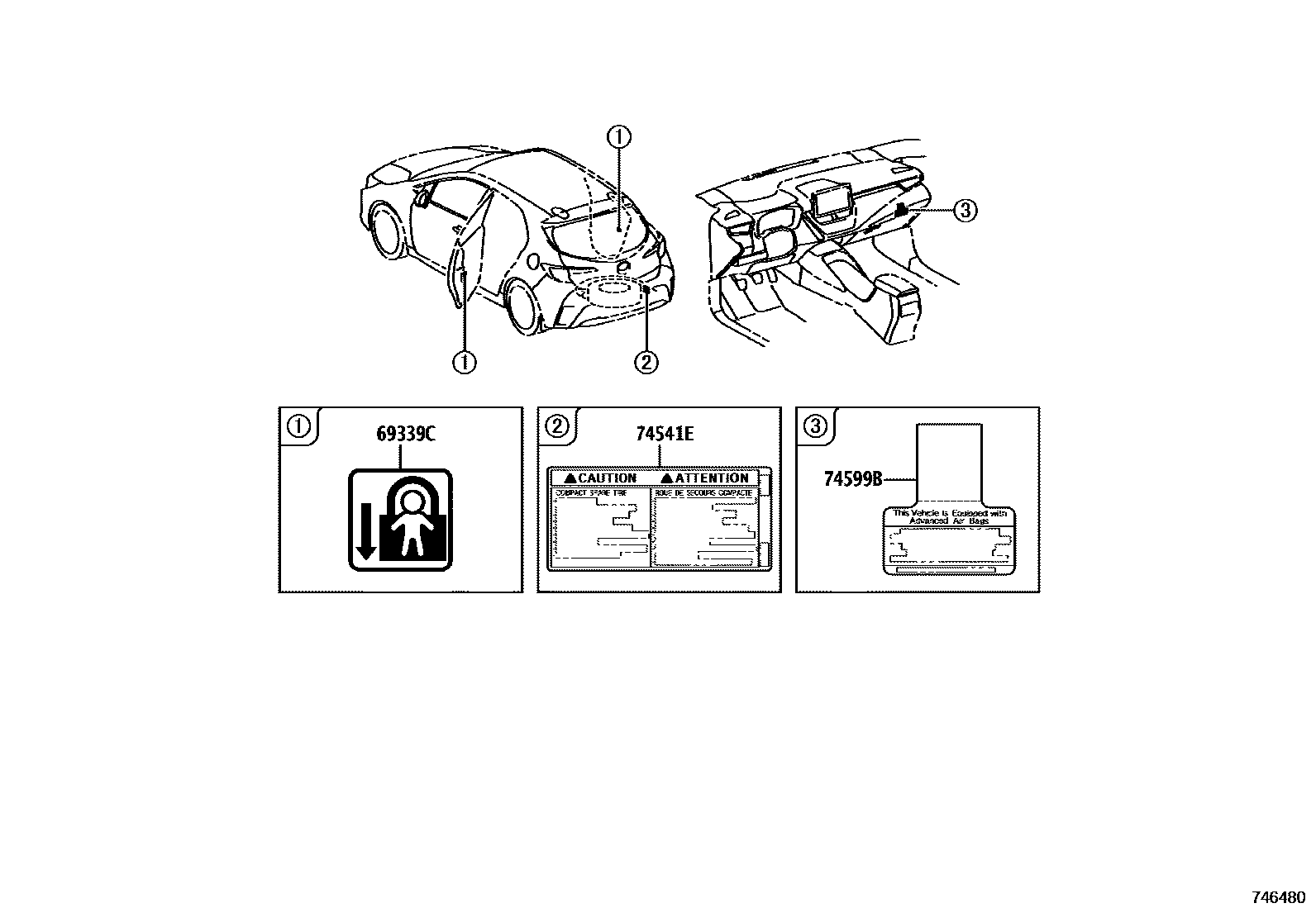 Toyota COROLLA 警示铭牌(车外和车内) EPC diagram — 746480