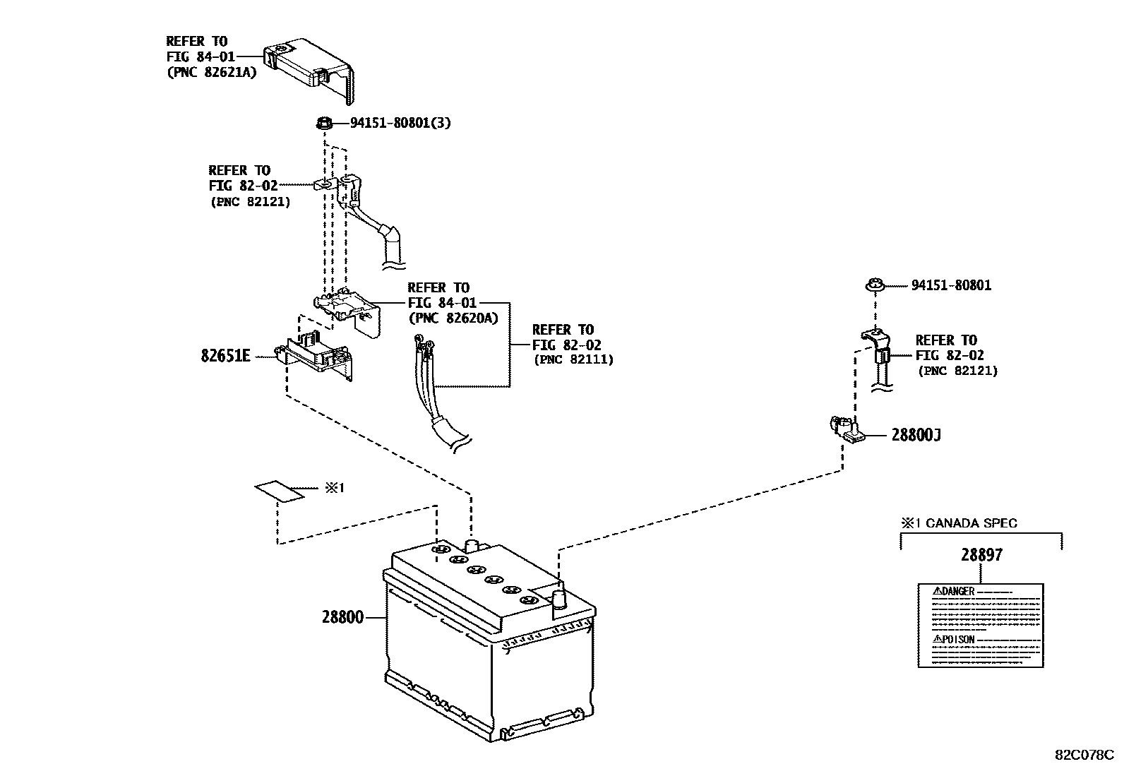 Toyota COROLLA 蓄电池和蓄电池电缆 EPC diagram — 82C078C