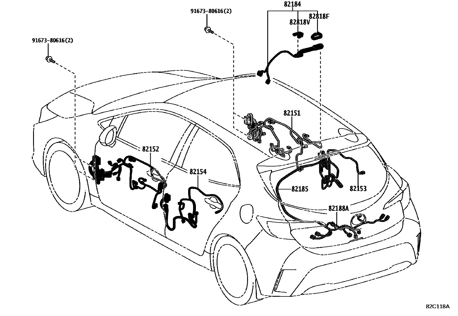 Toyota COROLLA 线束和卡夹 EPC diagram — 82C118A