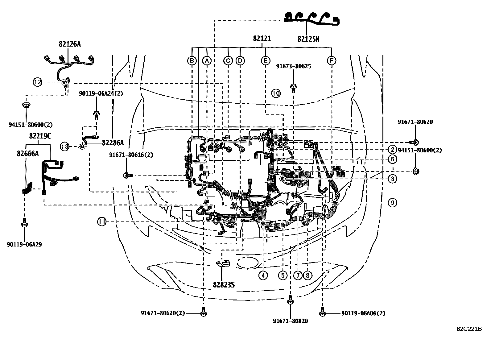 Toyota COROLLA 线束和卡夹 EPC diagram — 82C221B