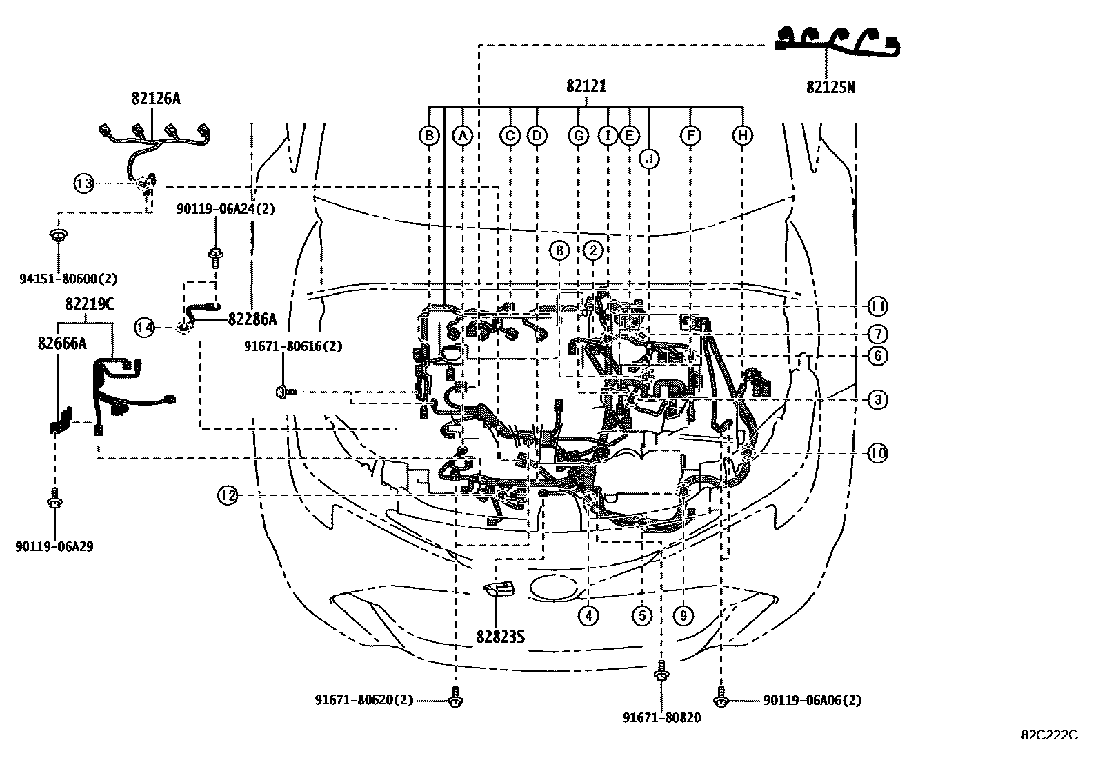 Toyota COROLLA 线束和卡夹 EPC diagram — 82C222C