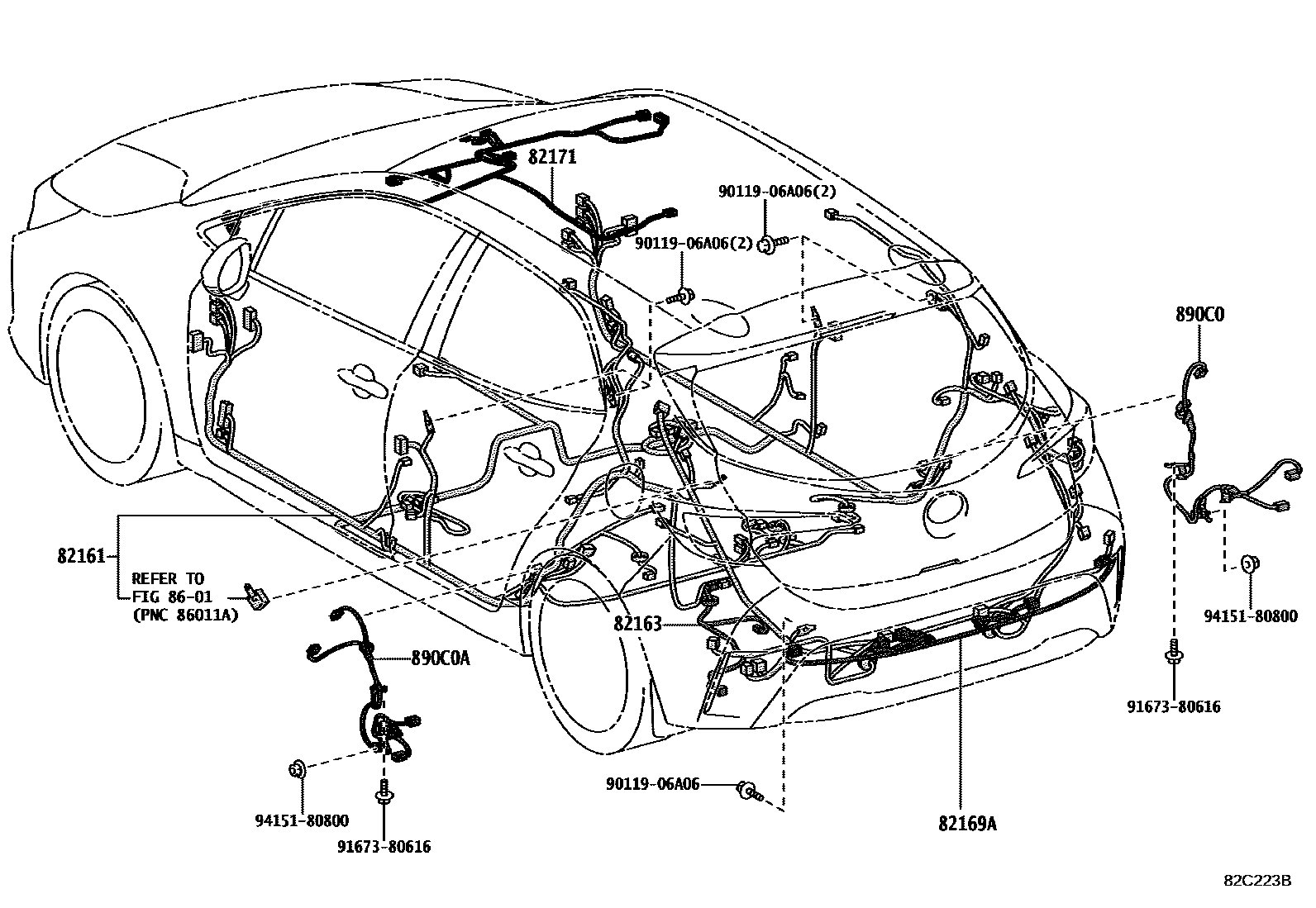 Toyota COROLLA 线束和卡夹 EPC diagram — 82C223B