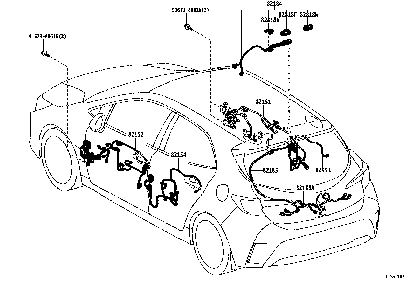 Toyota COROLLA 线束和卡夹 EPC diagram — 82G299