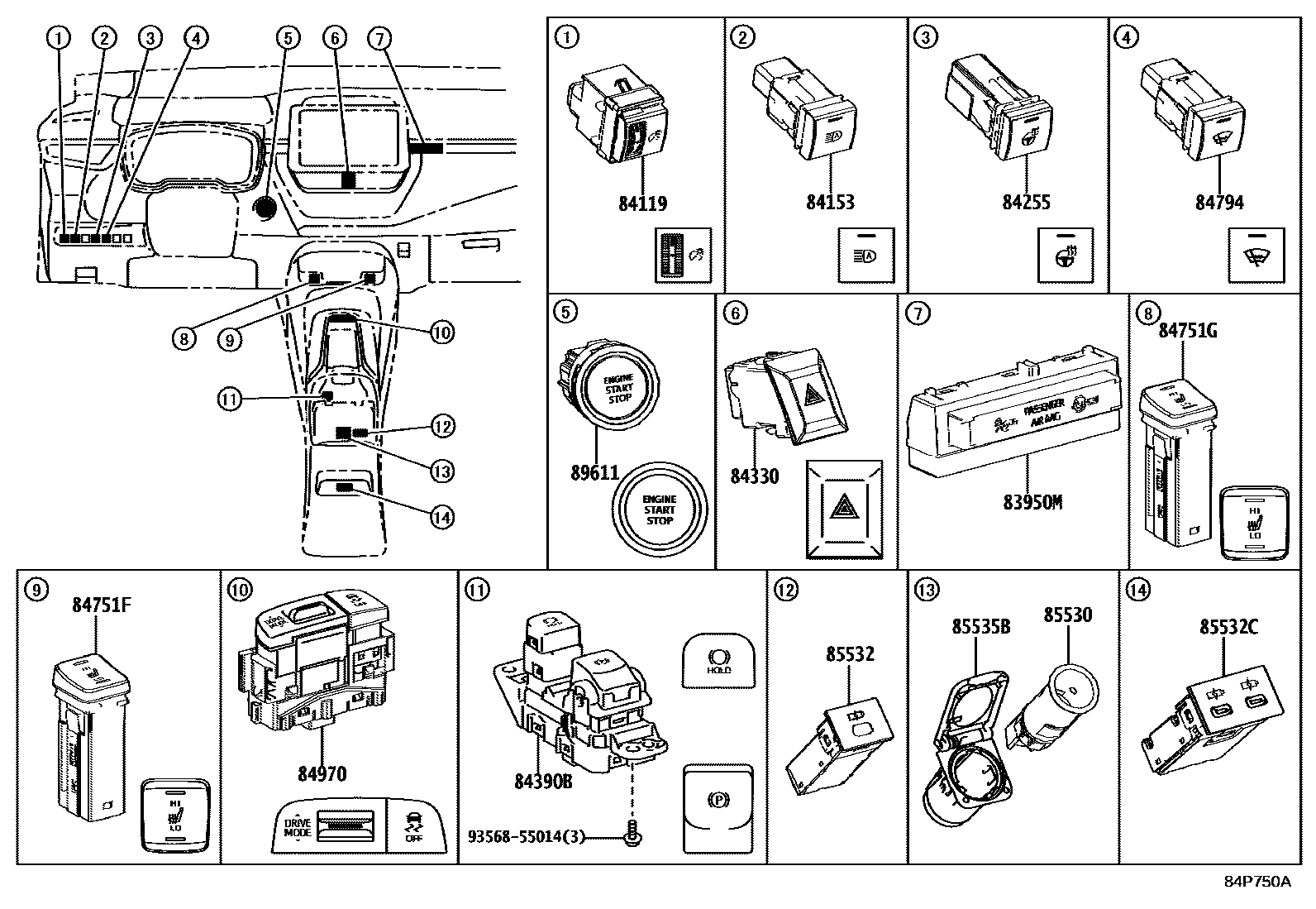 Toyota COROLLA 开关和继电器和ECU EPC diagram — 84P750A