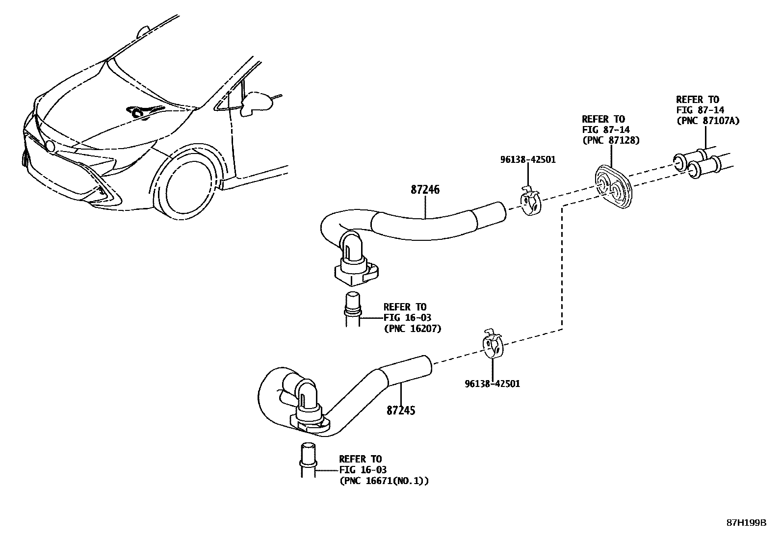 Toyota COROLLA 暖风和空调系统 - 水管 EPC diagram — 87H199B