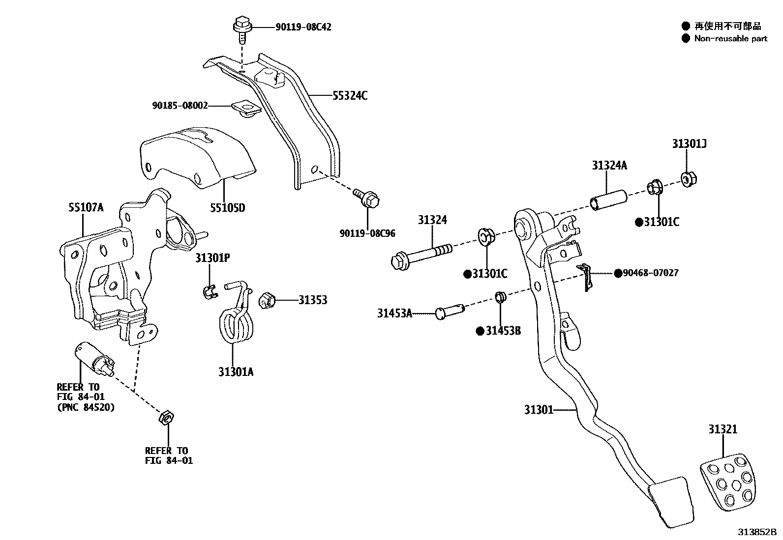Toyota COROLLA 离合器踏板和挠性软管 EPC diagram — 313852B