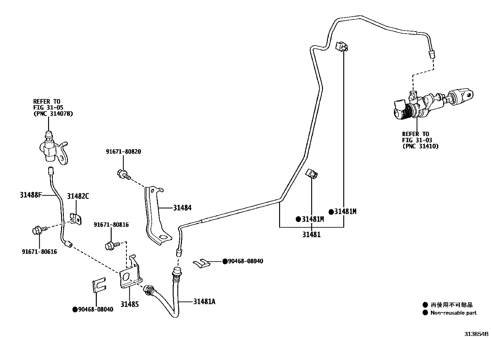 Toyota COROLLA 离合器踏板和挠性软管 EPC diagram — 313854B