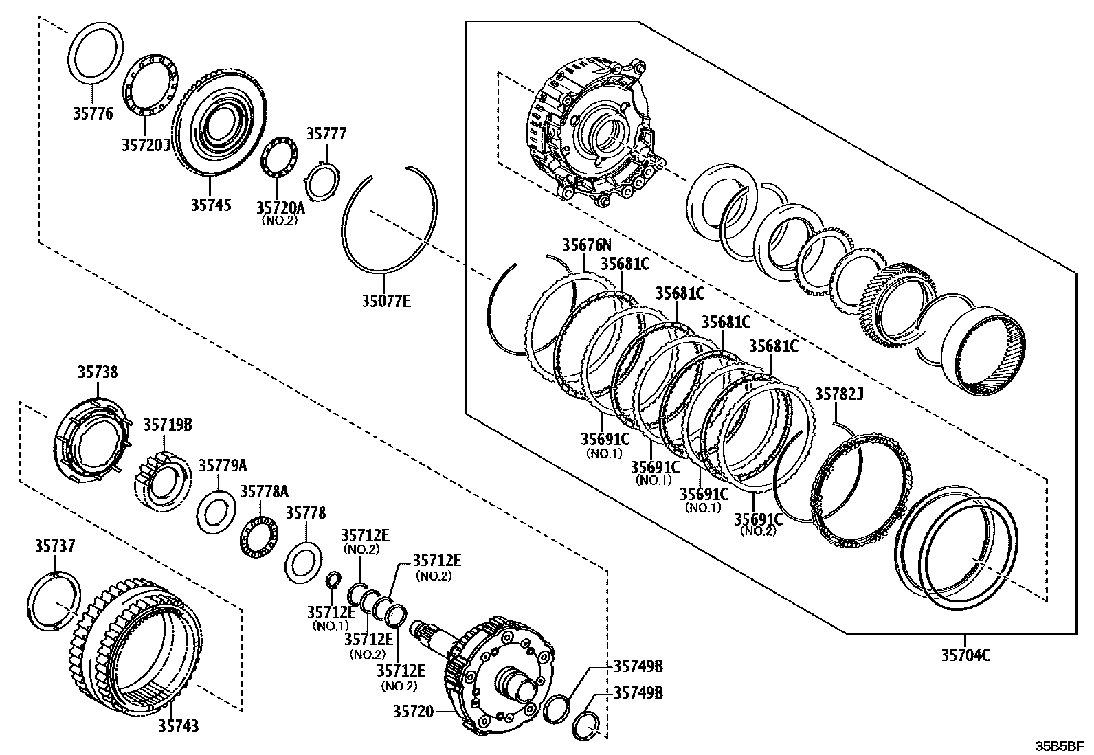 Toyota COROLLA 行星齿轮、倒档活塞和中间轴齿轮(ATM) EPC diagram — 35B5BF