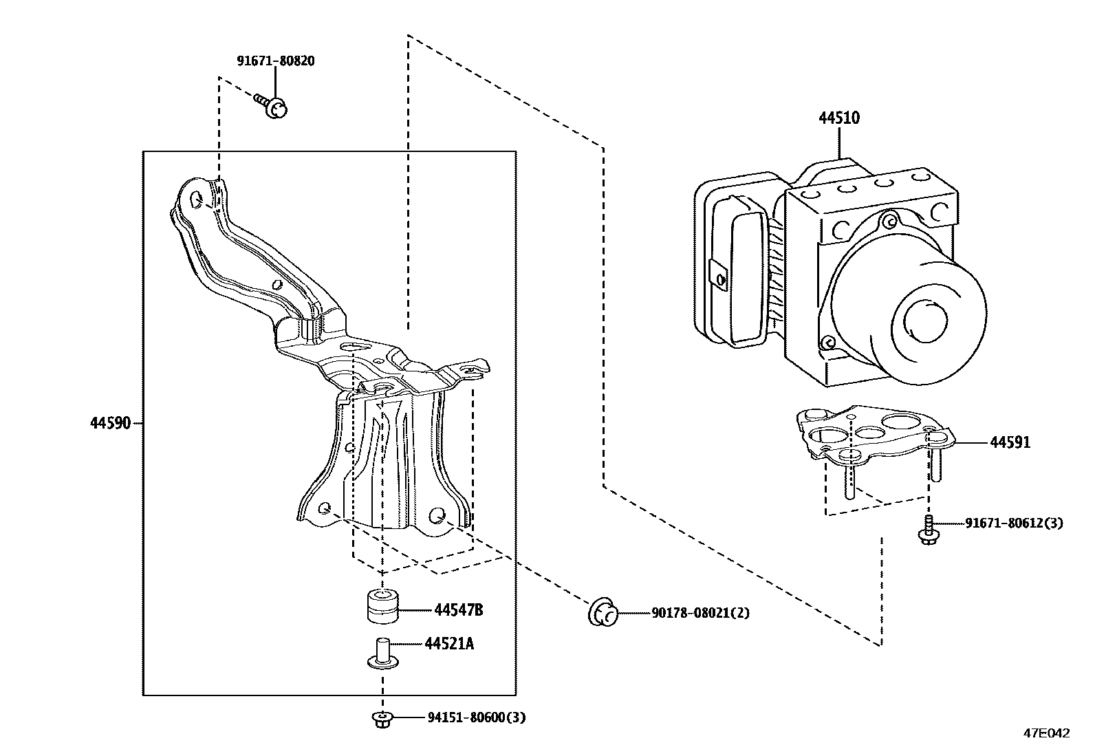 Toyota COROLLA 制动配管和卡箍 EPC diagram — 47E042