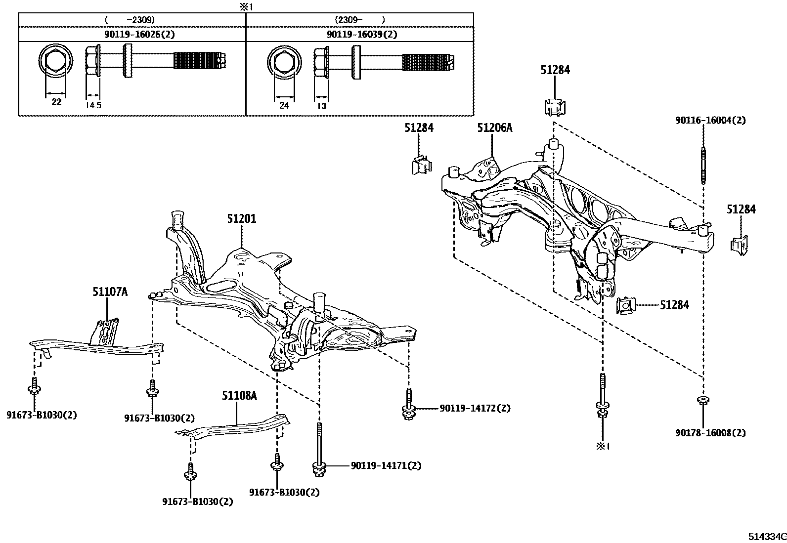 Toyota COROLLA 悬架横梁和发动机底罩 EPC diagram — 514334G