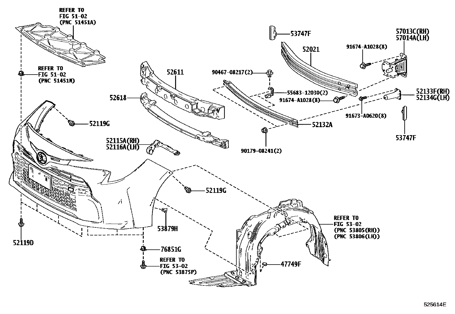 Toyota COROLLA 前保险杠及附件 EPC diagram — 525614E