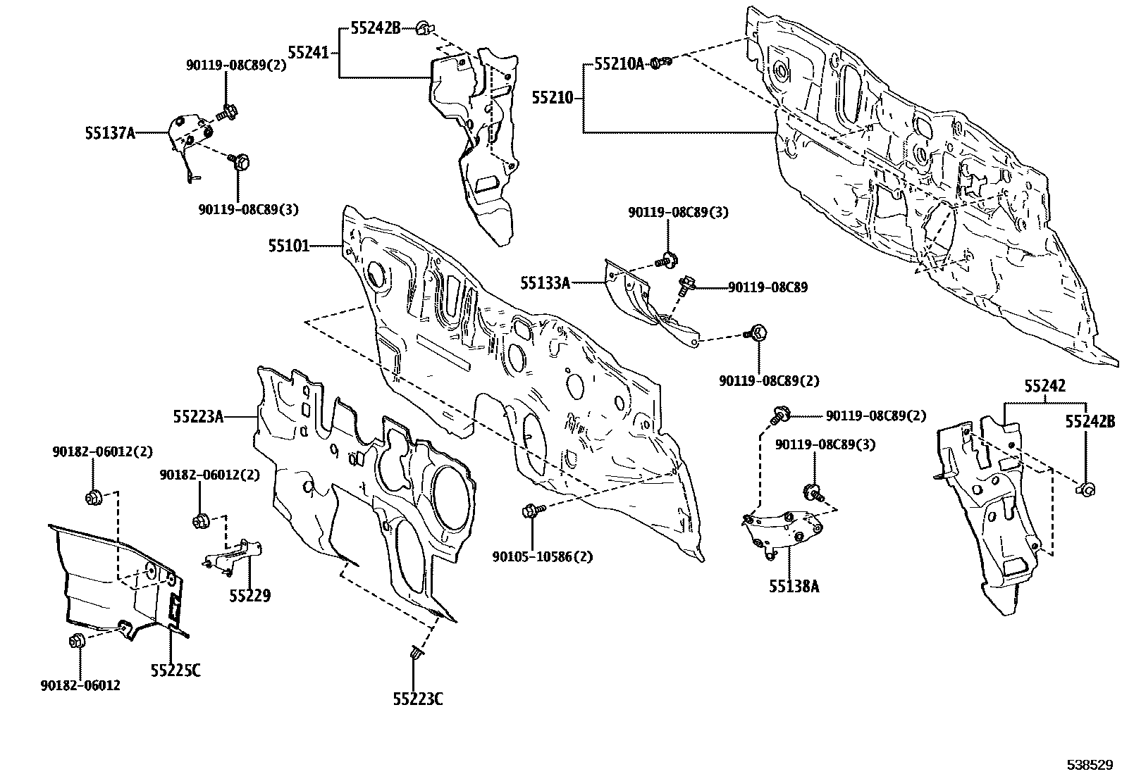 Toyota COROLLA 前翼子板挡泥板和前围板 EPC diagram — 538529