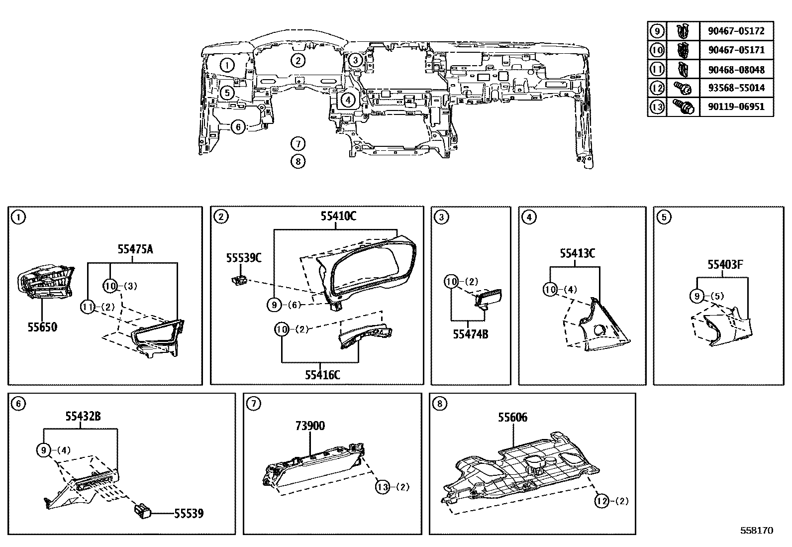 Toyota COROLLA 仪表板和手套箱 EPC diagram — 558170