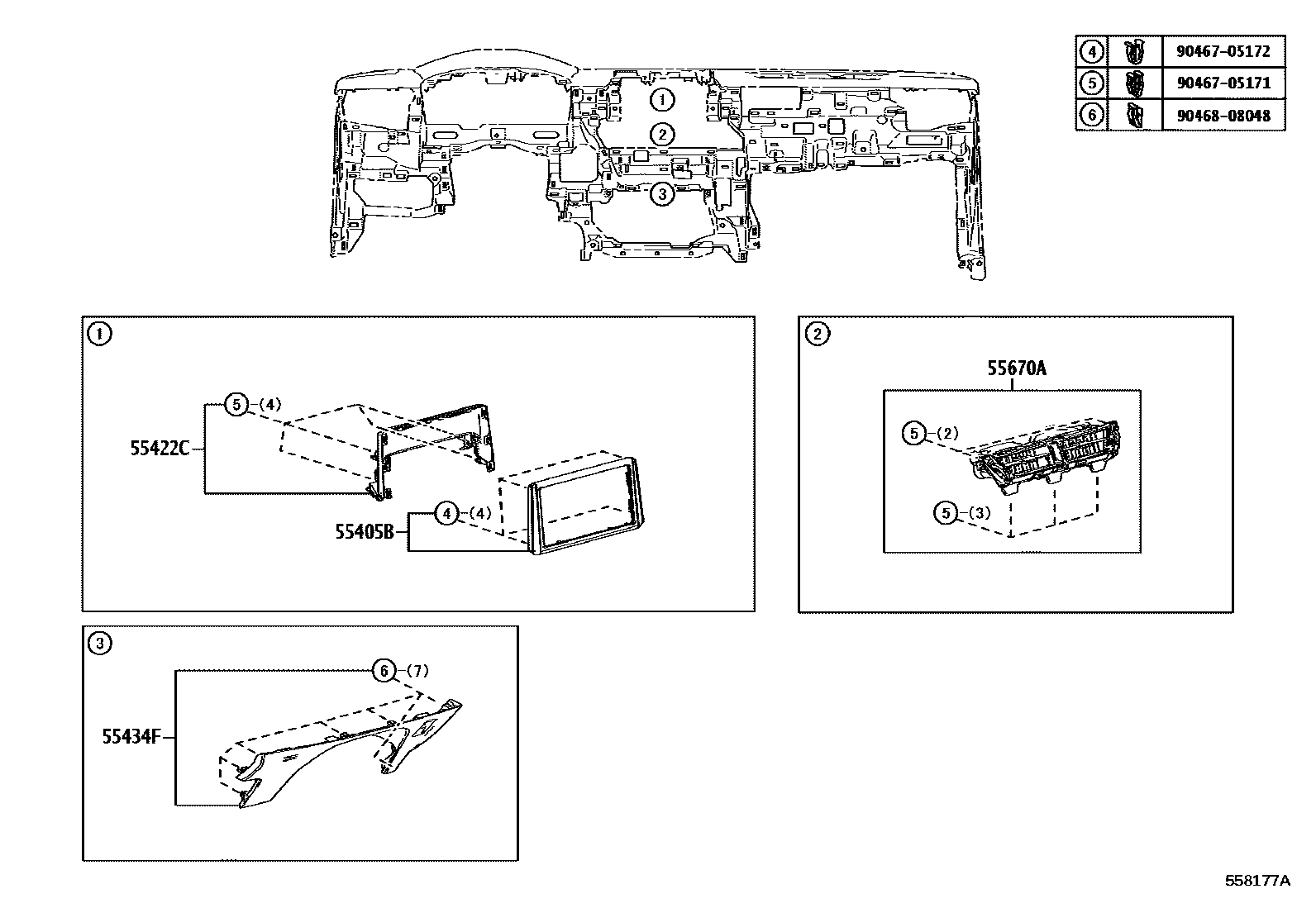 Toyota COROLLA 仪表板和手套箱 EPC diagram — 558177A