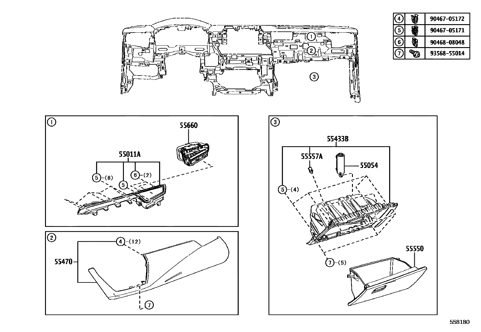 Toyota COROLLA 仪表板和手套箱 EPC diagram — 558180