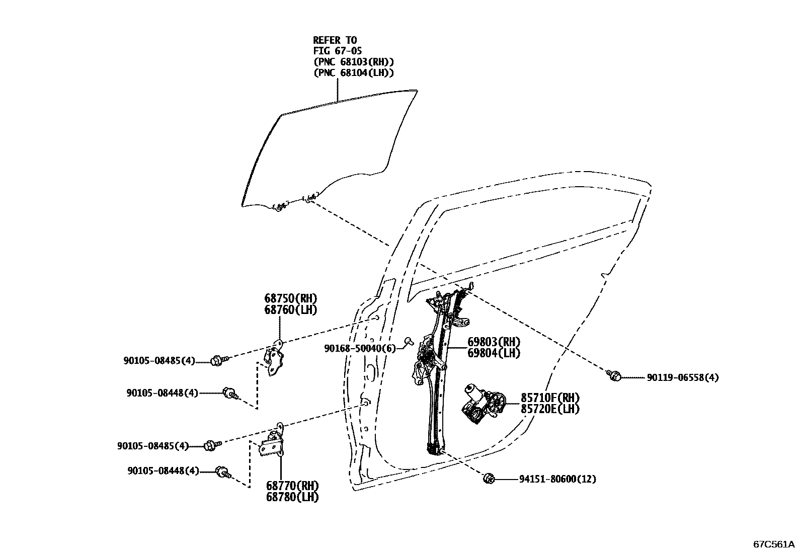Toyota COROLLA 后门车窗升降器和合页 EPC diagram — 67C561A