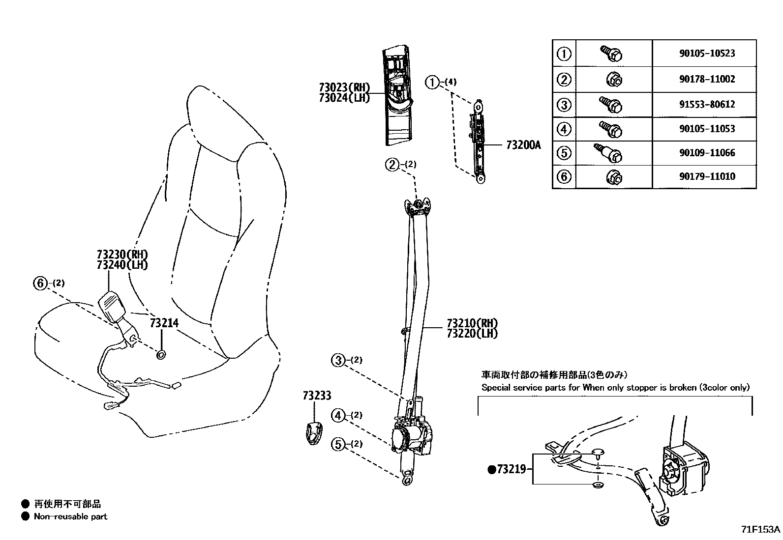 Toyota COROLLA 安全带和儿童保护座椅 EPC diagram — 71F153A