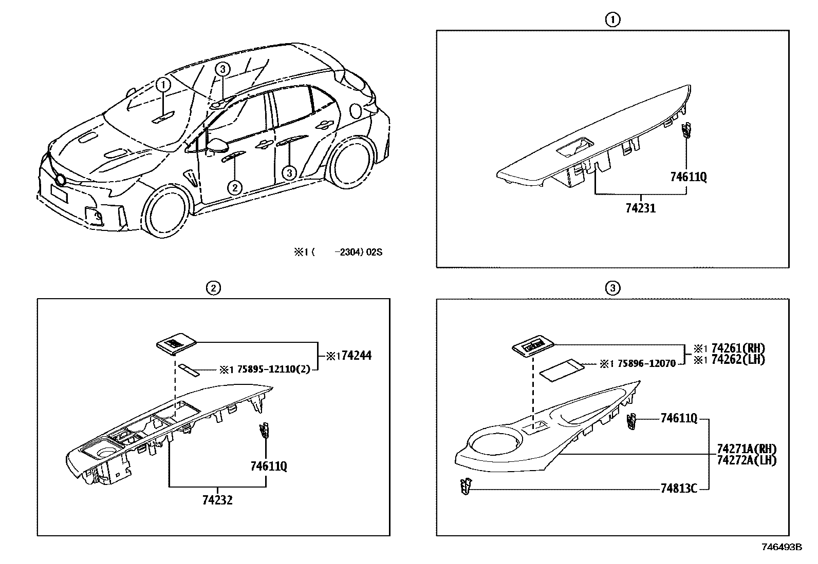 Toyota COROLLA 扶手和遮阳板 EPC diagram — 746493B