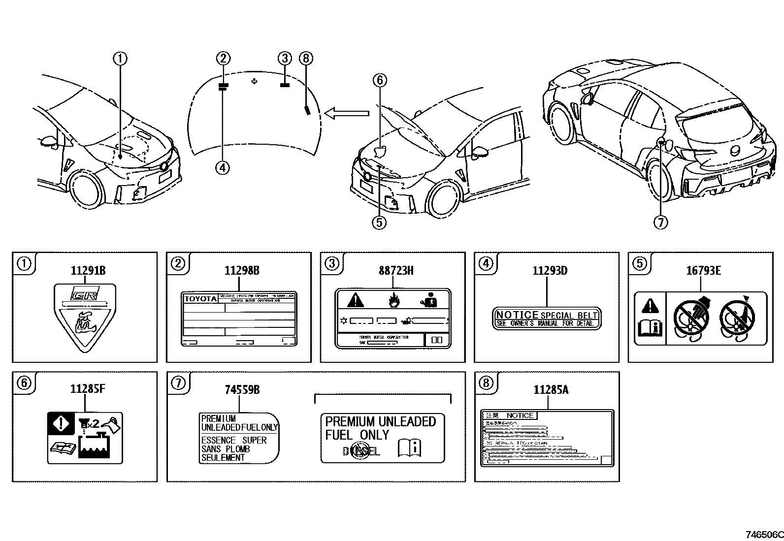 Toyota COROLLA 警示铭牌(车外和车内) EPC diagram — 746506C