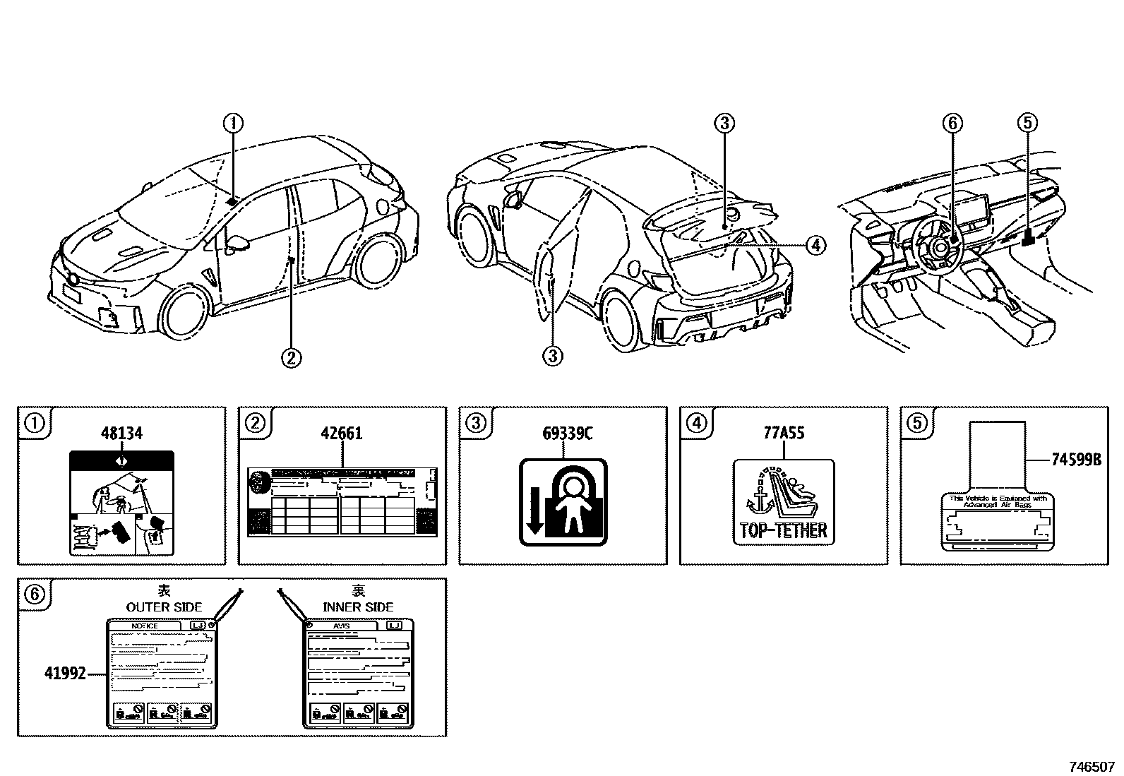 Toyota COROLLA 警示铭牌(车外和车内) EPC diagram — 746507