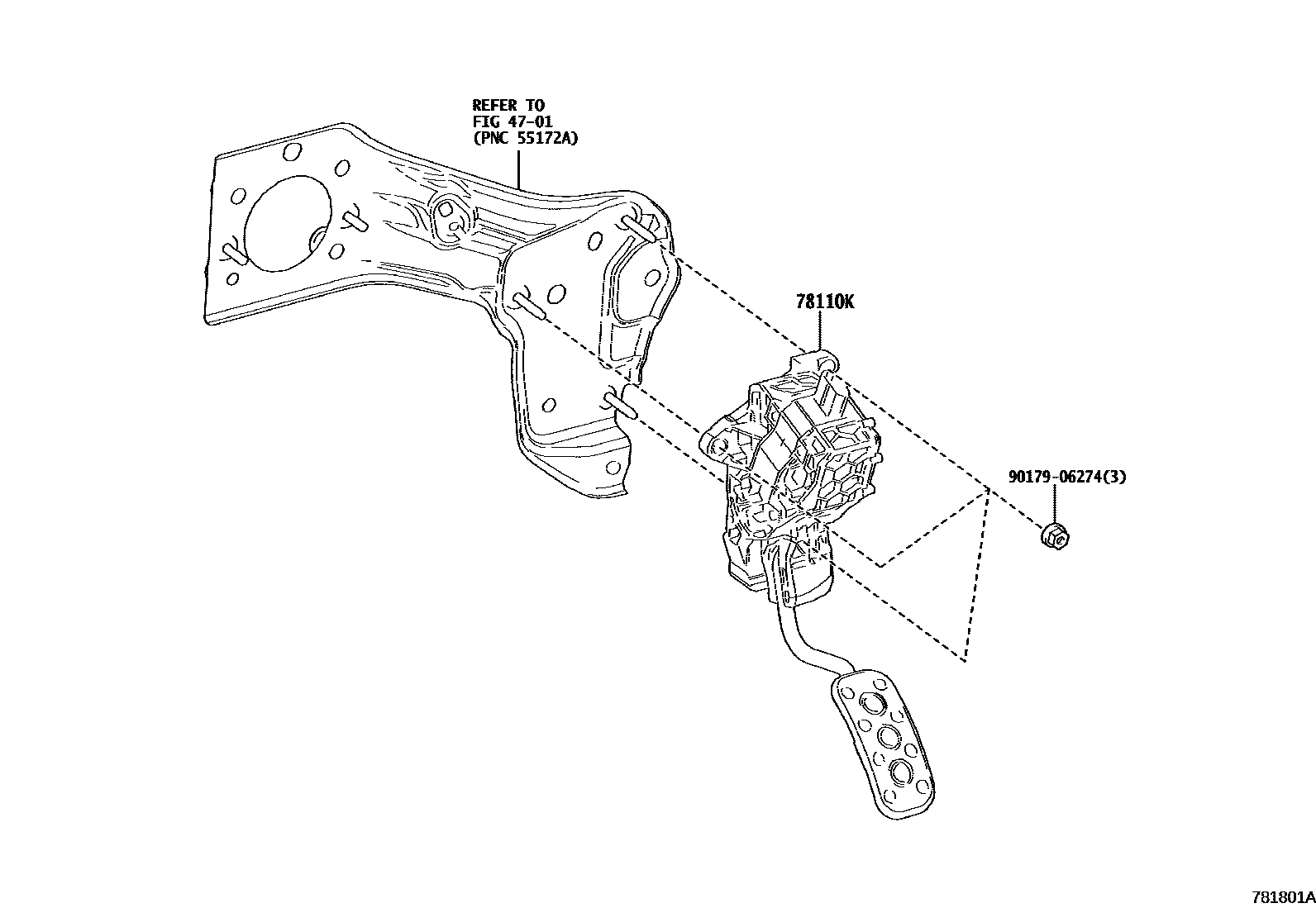 Toyota COROLLA accelerator pedal connecting rod EPC diagram — 781801A