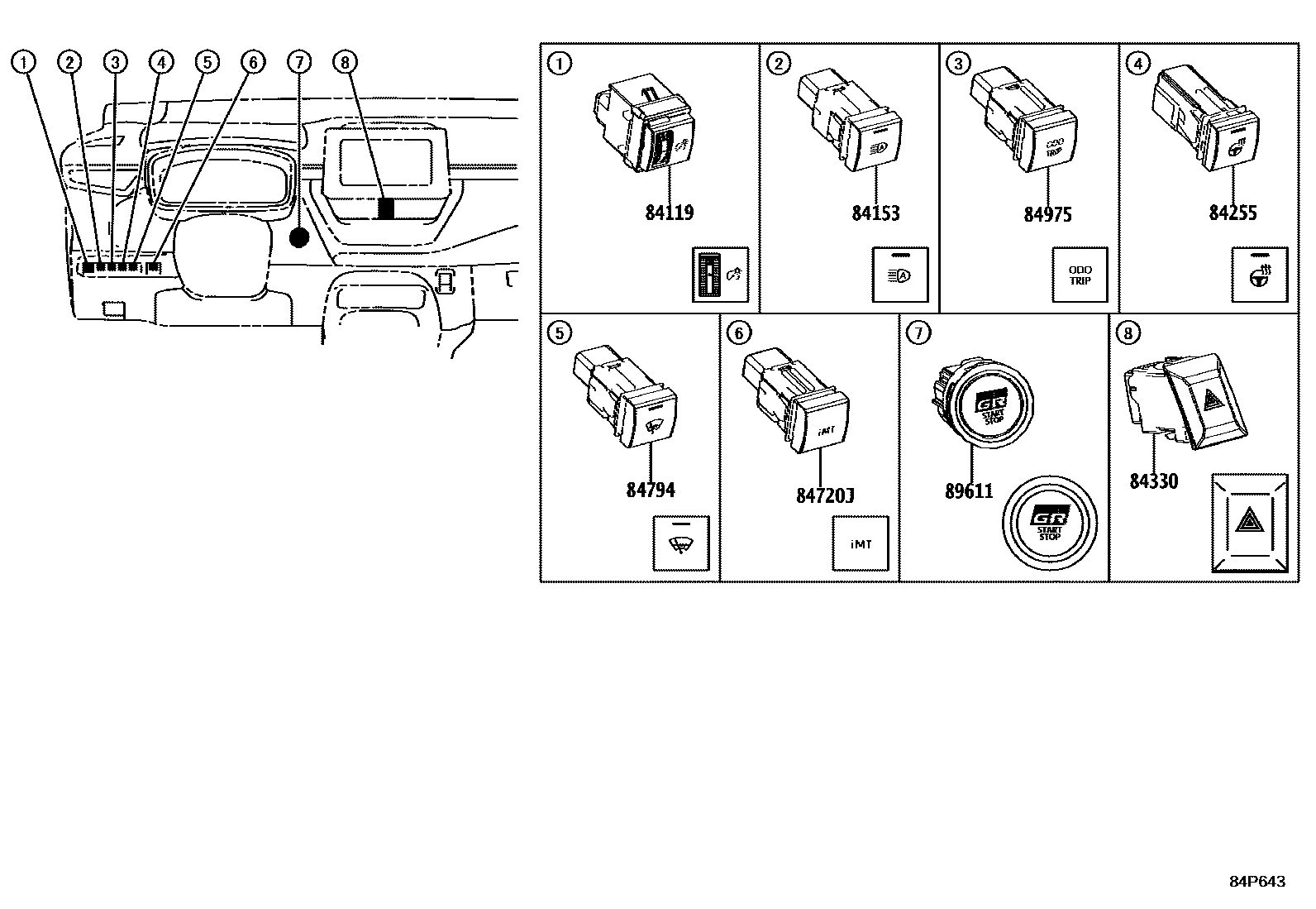 Toyota COROLLA 开关和继电器和ECU EPC diagram — 84P643