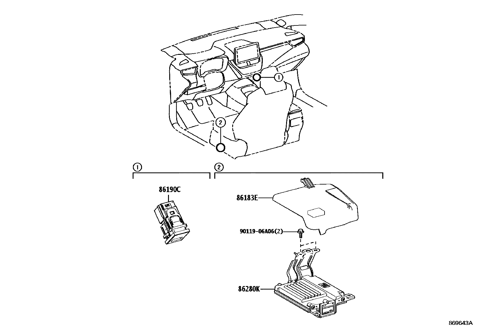 Toyota COROLLA 收音机、放大器和冷凝器 EPC diagram — 869643A