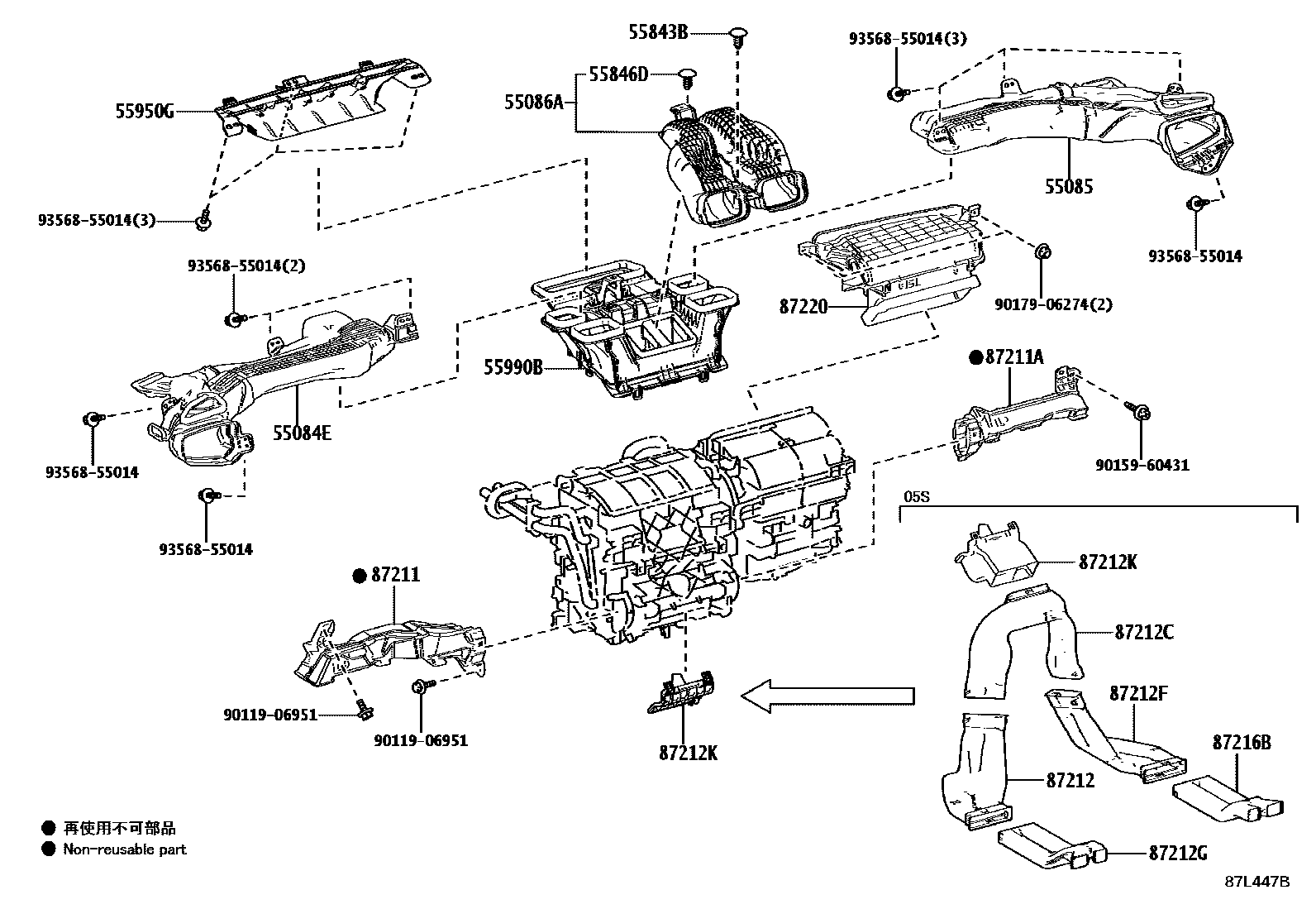 Toyota COROLLA 暖风和空调系统 - 控制器和风管 EPC diagram — 87L447B