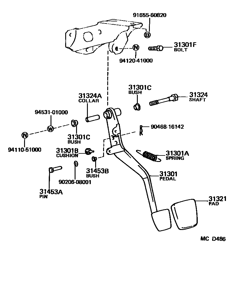 Toyota COROLLA 离合器踏板和挠性软管 EPC diagram — MCD486