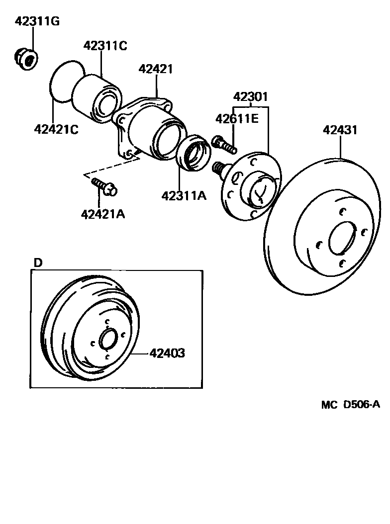 Toyota COROLLA 后桥半轴和后桥轮毂 EPC diagram — MCD506A