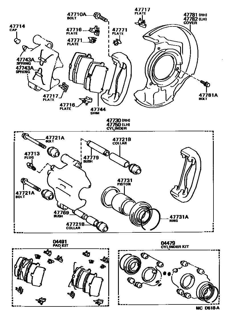 Toyota COROLLA 前盘式制动器卡钳和防尘罩 EPC diagram — MCD518A
