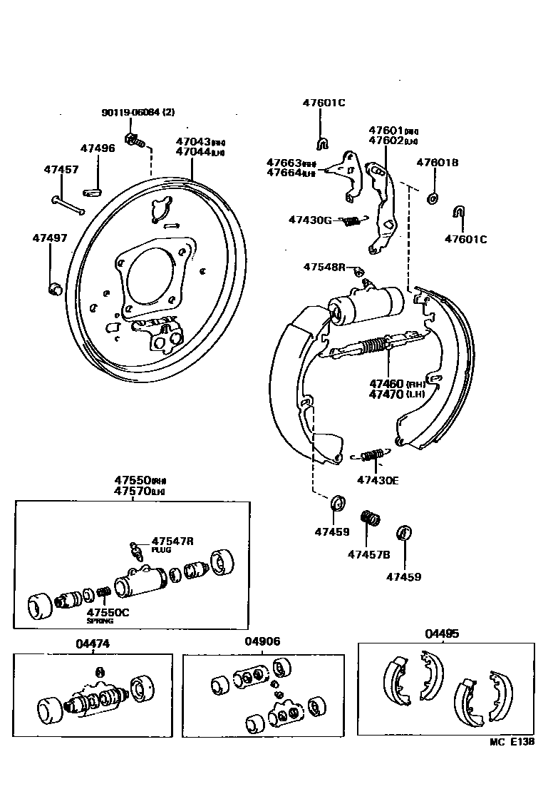 Toyota COROLLA 后鼓式制动器分泵和底板 EPC diagram — MCE138