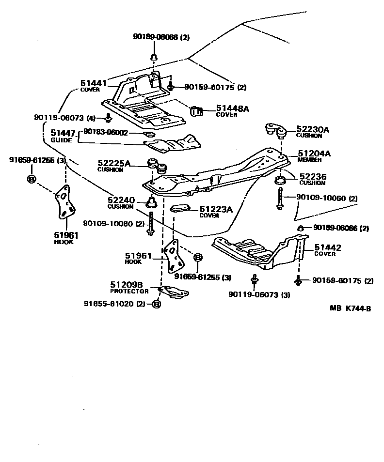 Toyota COROLLA 悬架横梁和发动机底罩 EPC diagram — MBK744B
