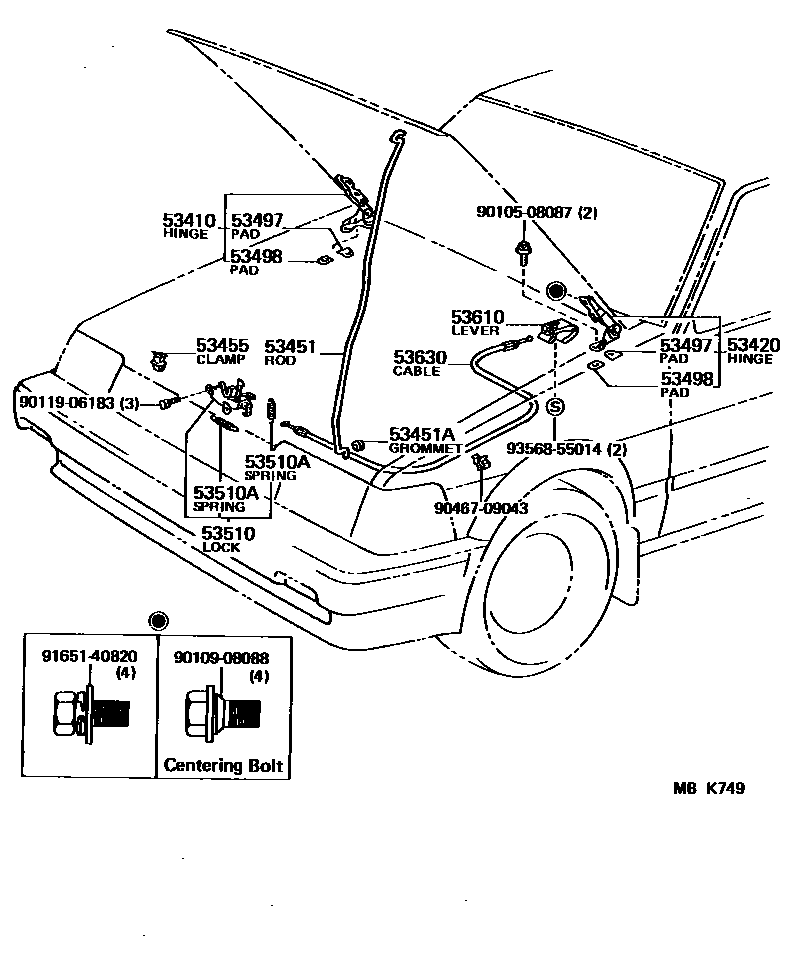Toyota COROLLA 发动机盖锁和铰链 EPC diagram — MBK749