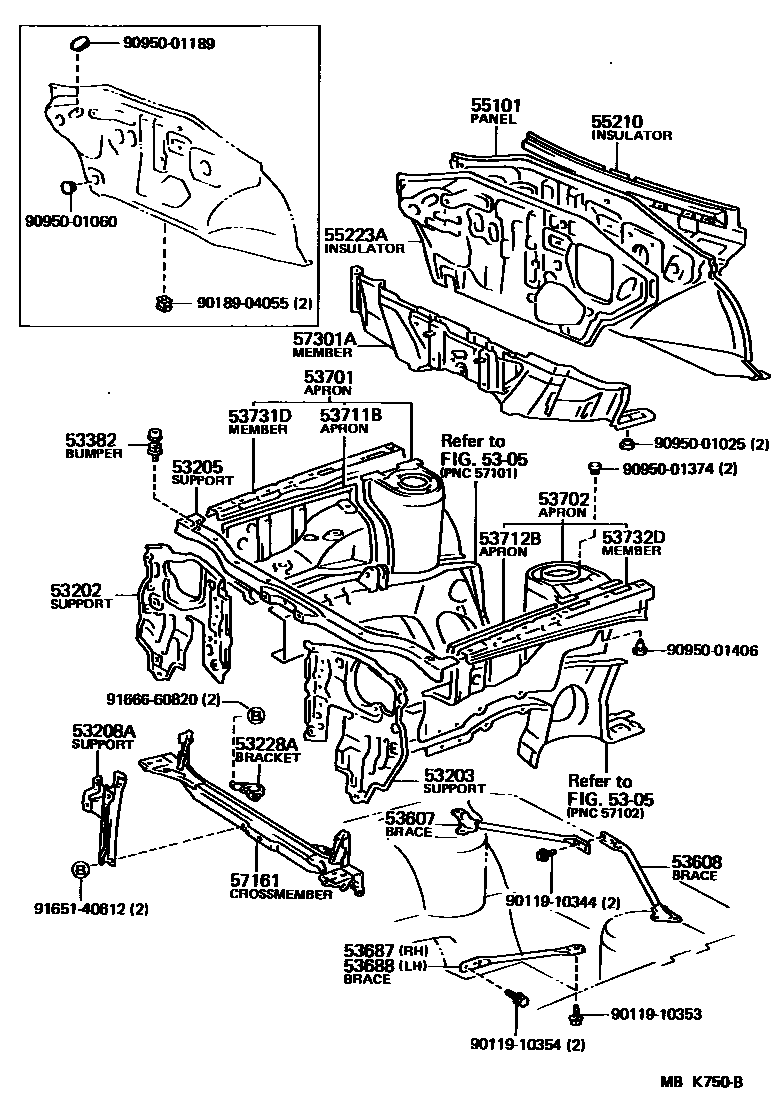 Toyota COROLLA 前翼子板挡泥板和前围板 EPC diagram — MBK750B