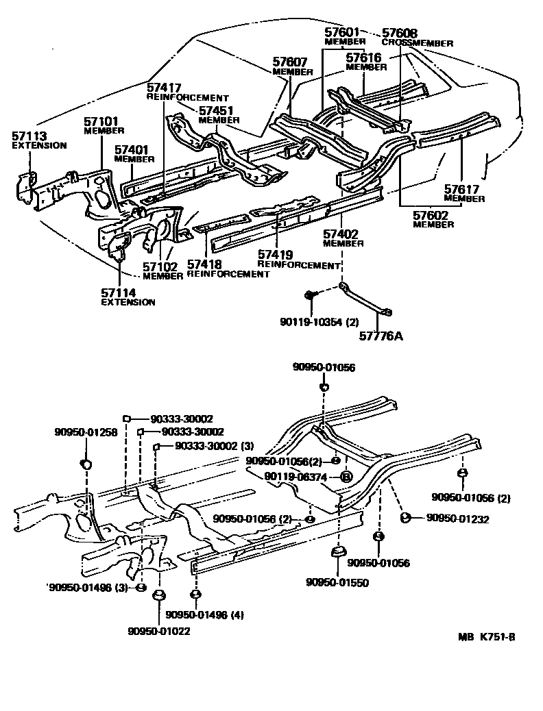 Toyota COROLLA Floor stringers EPC diagram — MBK751B
