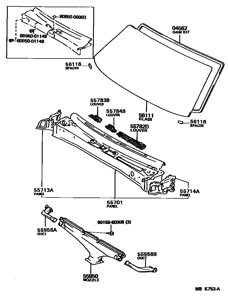 Toyota COROLLA 前围板和挡风玻璃 EPC diagram — MBK753A