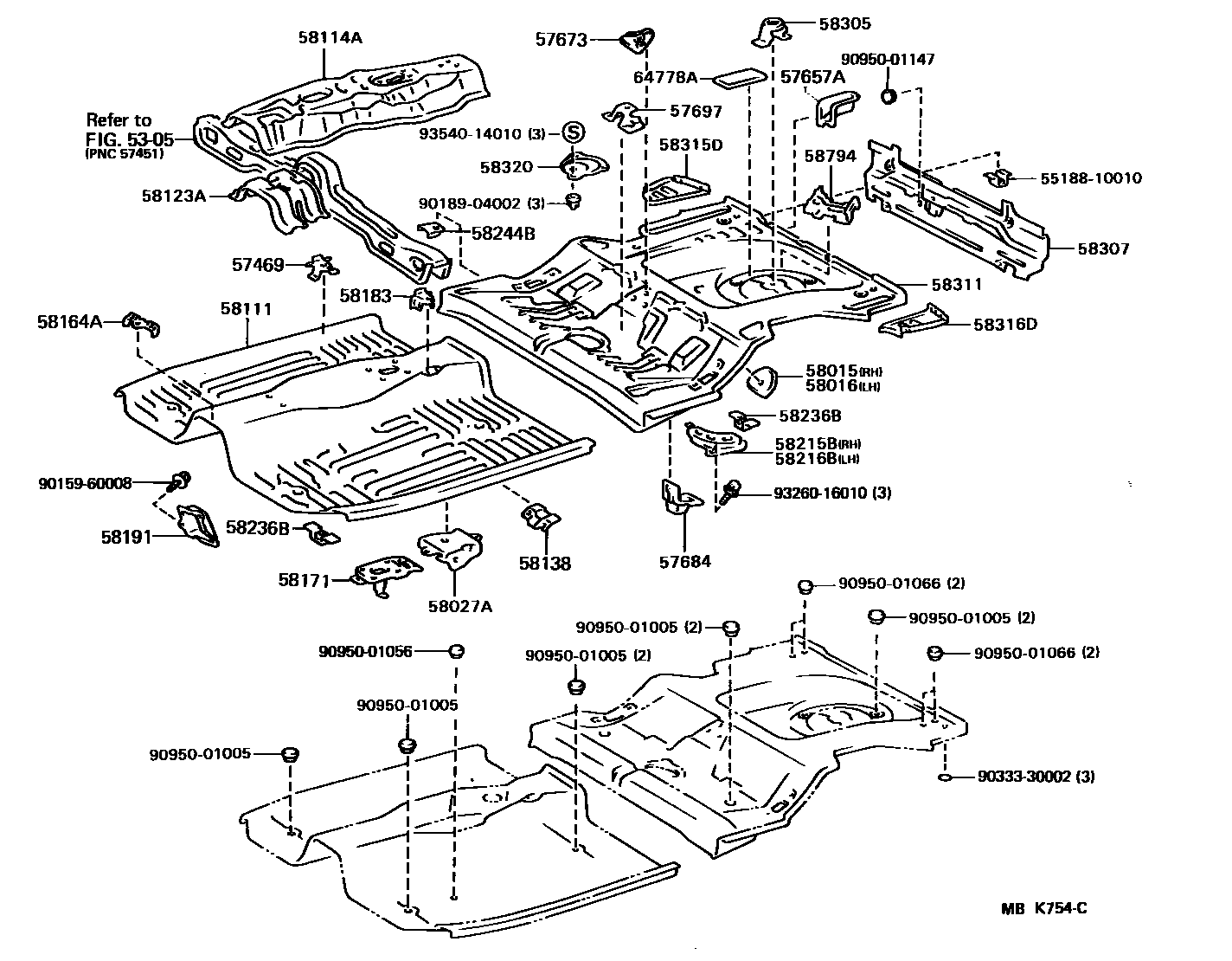 Toyota COROLLA 浅盘形地板和车身下背板 EPC diagram — MBK754C
