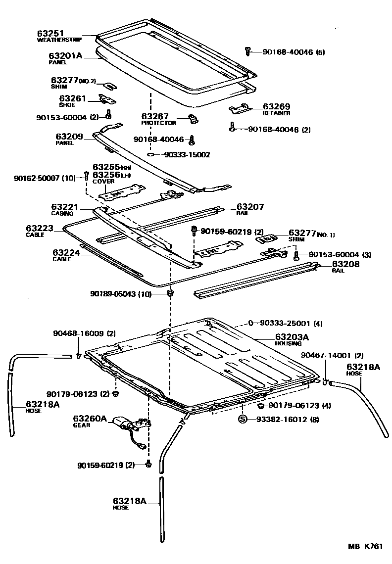 Toyota COROLLA 天窗板和背窗玻璃 EPC diagram — MBK761