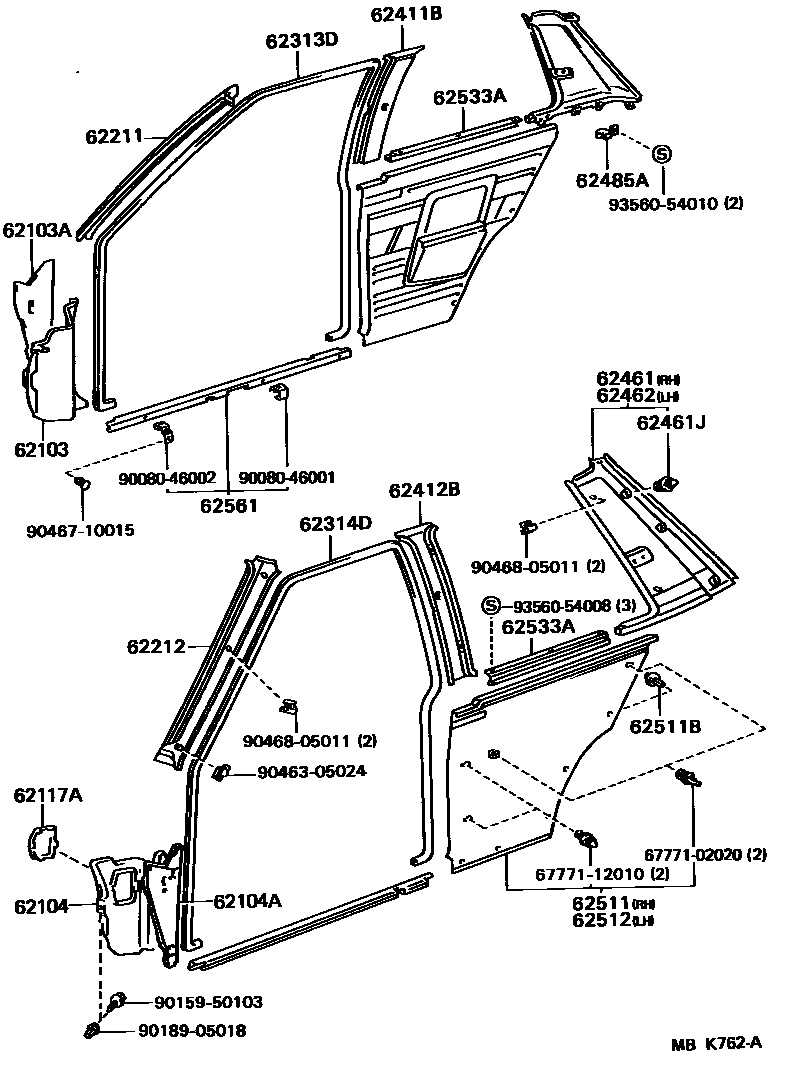 Toyota COROLLA 内饰板和车门防水胶条 EPC diagram — MBK762A