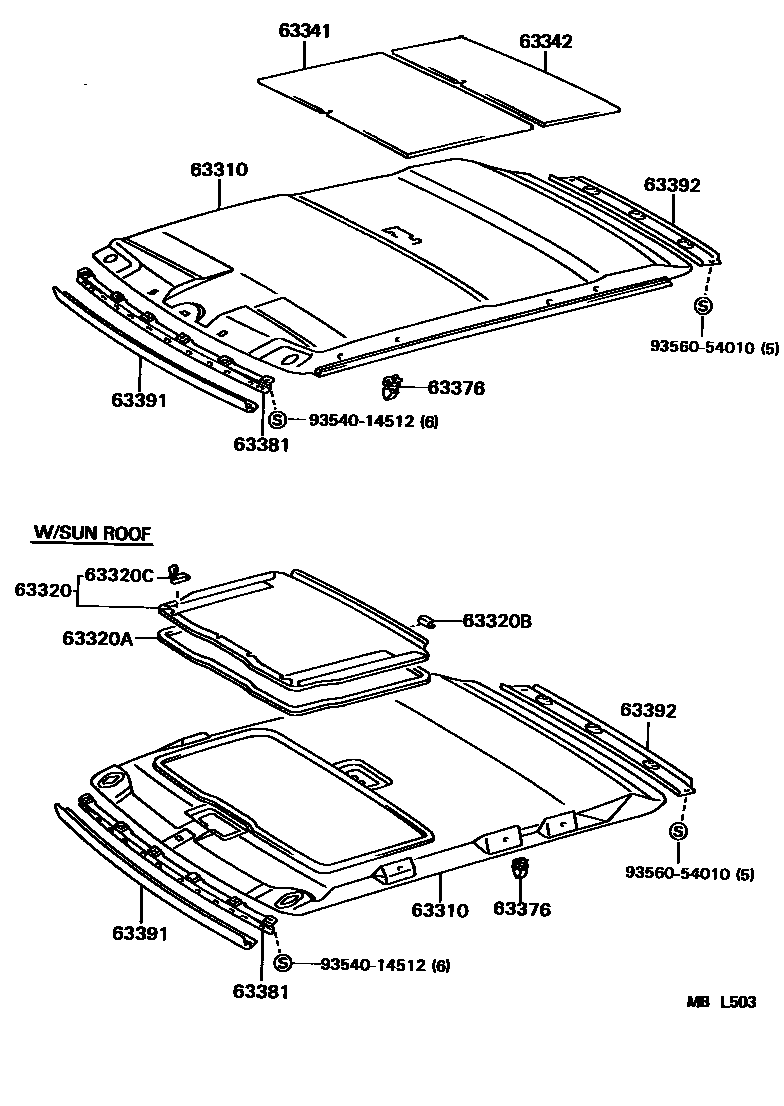 Toyota COROLLA 车顶内衬和消声垫 EPC diagram — MBL503