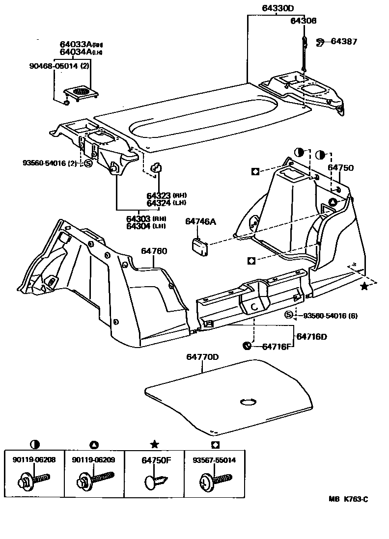 Toyota COROLLA 底板和底板装饰罩 EPC diagram — MBK763C