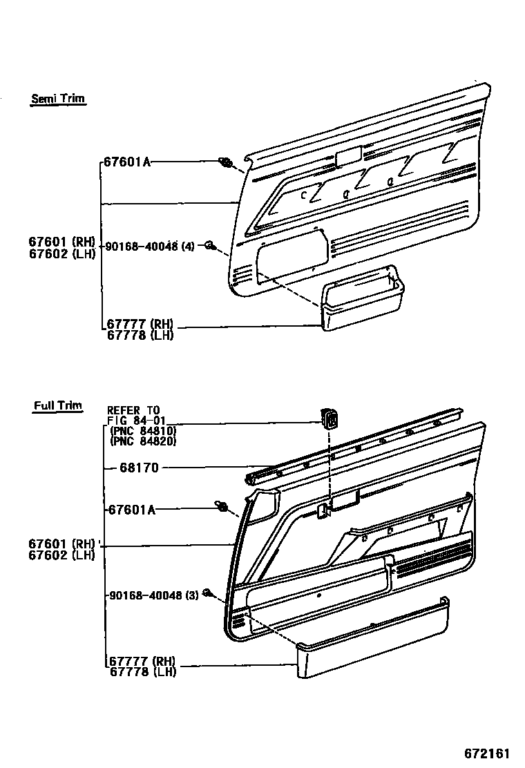 Toyota COROLLA 前门板和前门玻璃 EPC diagram — 672161