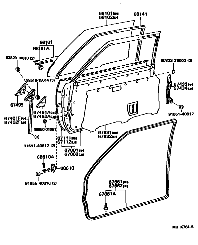 Toyota COROLLA 前门板和前门玻璃 EPC diagram — MBK764A