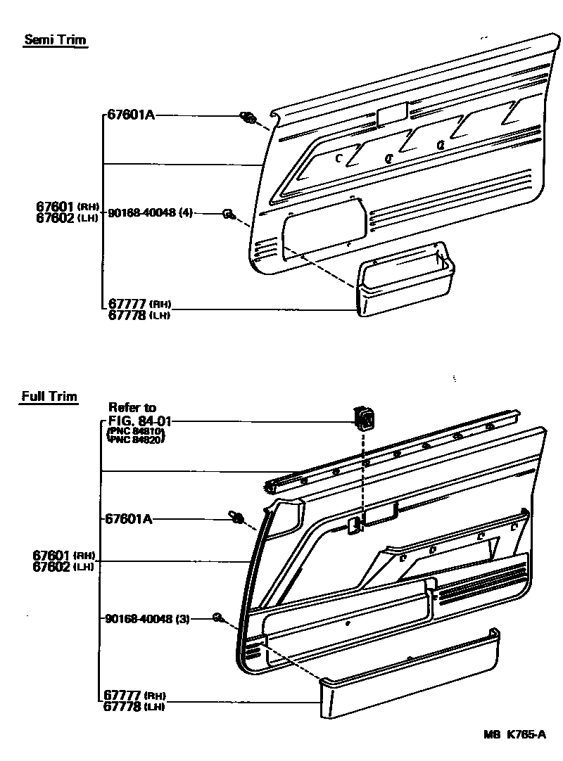 Toyota COROLLA 前门板和前门玻璃 EPC diagram — MBK765A