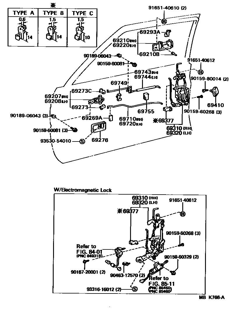 Toyota COROLLA 前门锁和车门把手 EPC diagram — MBK766A