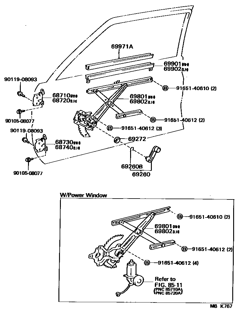 Toyota COROLLA 前门车窗升降器和合页 EPC diagram — MBK767
