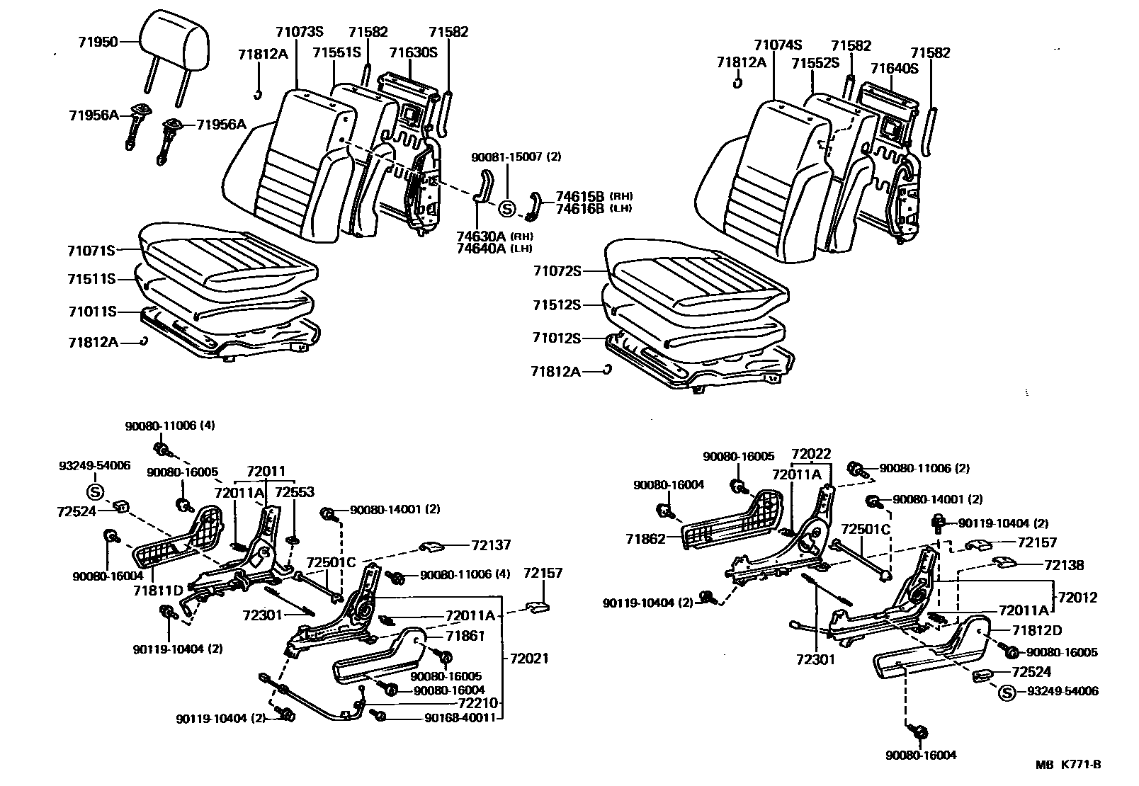 Toyota COROLLA 前排座椅和座椅滑轨 EPC diagram — MBK771B