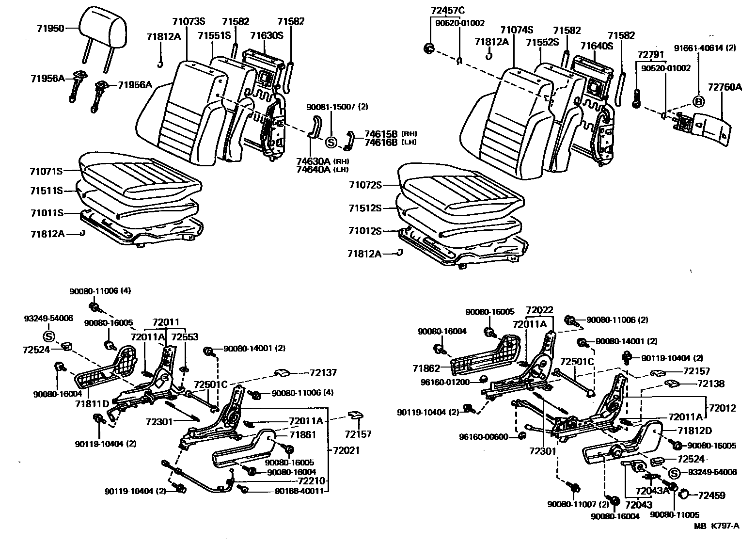 Toyota COROLLA 前排座椅和座椅滑轨 EPC diagram — MBK797A